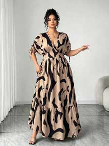 Elenzga Women's Plus Size V-Neck Gathered Short Sleeve Cinched Waist Flared Leopard Print Elegant Outing Dress - Coffee Brown - View 3