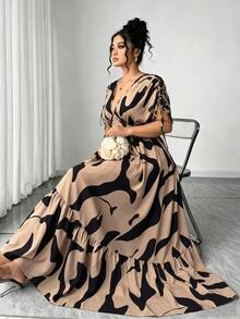 Elenzga Women's Plus Size V-Neck Gathered Short Sleeve Cinched Waist Flared Leopard Print Elegant Outing Dress - Coffee Brown - View 6