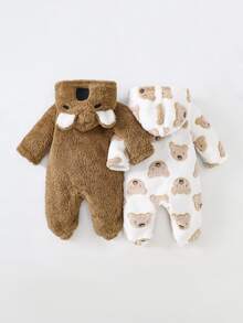 2pcs/Set Newborn Cute Koala Print Embroidered Thick Fleece Long Sleeve Jumpsuit Pajamas Fall Animal Zipper Pants Bear Soft Cozy Brown Graphic - Brown - View 3