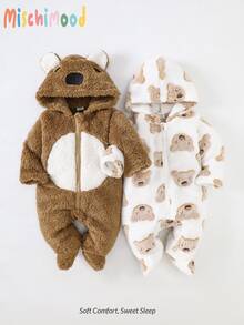 2pcs/Set Newborn Cute Koala Print Embroidered Thick Fleece Long Sleeve Jumpsuit Pajamas Fall Animal Zipper Pants Bear Soft Cozy Brown Graphic - Brown - View 2