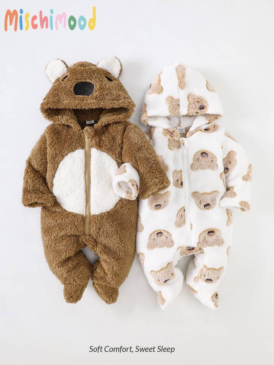 2pcs/Set Newborn Cute Koala Print Embroidered Thick Fleece Long Sleeve Jumpsuit Pajamas Fall Animal Zipper Pants Bear Soft Cozy Brown Graphic