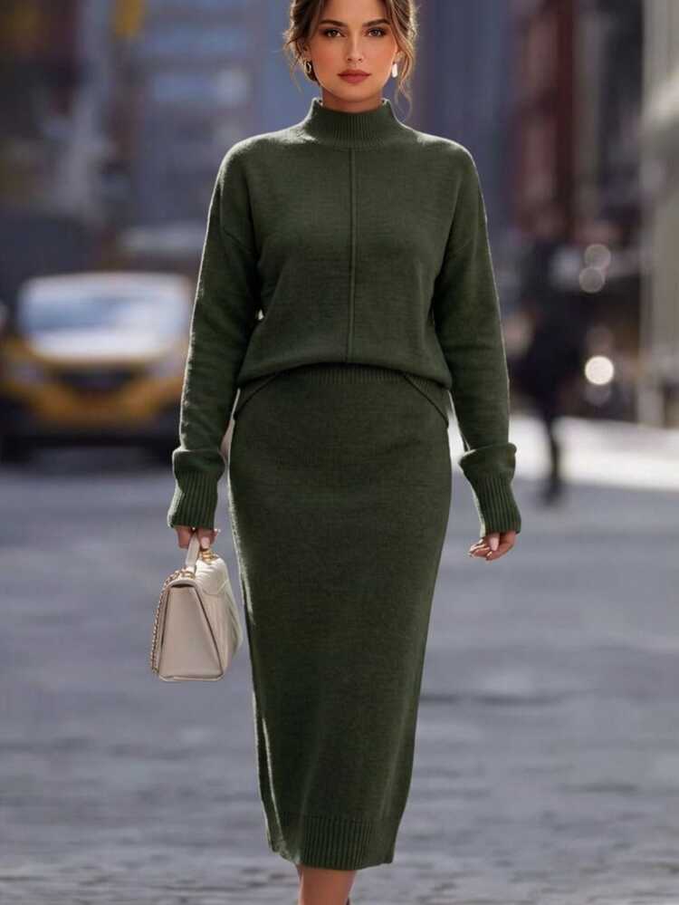 SHEIN Women's Solid Color Stand Collar Drop Shoulder Long Sleeve Sweater And Knit Midi Skirt 2-Piece Set, Casual For Autumn/Winter - Army Green - View 1