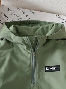 SHEIN 男童新款秋冬軍綠色長袖連帽半拉鍊夾克，大前口袋設計，搭配軍綠色彈性收口休閒長褲，時尚風格，適合校園、外出等多種場合 - 軍綠色 - 查看 6