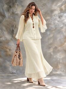 Ceyna Plus Size Women's Vintage Fall Chiffon Bell Sleeve Ruffle Collar Button-Down Blouse Mid-Waist Long Side Slit Skirt 2 Pieces Set Vacation White - Apricot - View 1