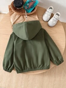 SHEIN 1件男孩休閒極簡街頭風連帽長袖夾克，創新恐龍印花小Logo，時尚設計適用日常、運動、戶外 - 軍綠色 - 查看 3