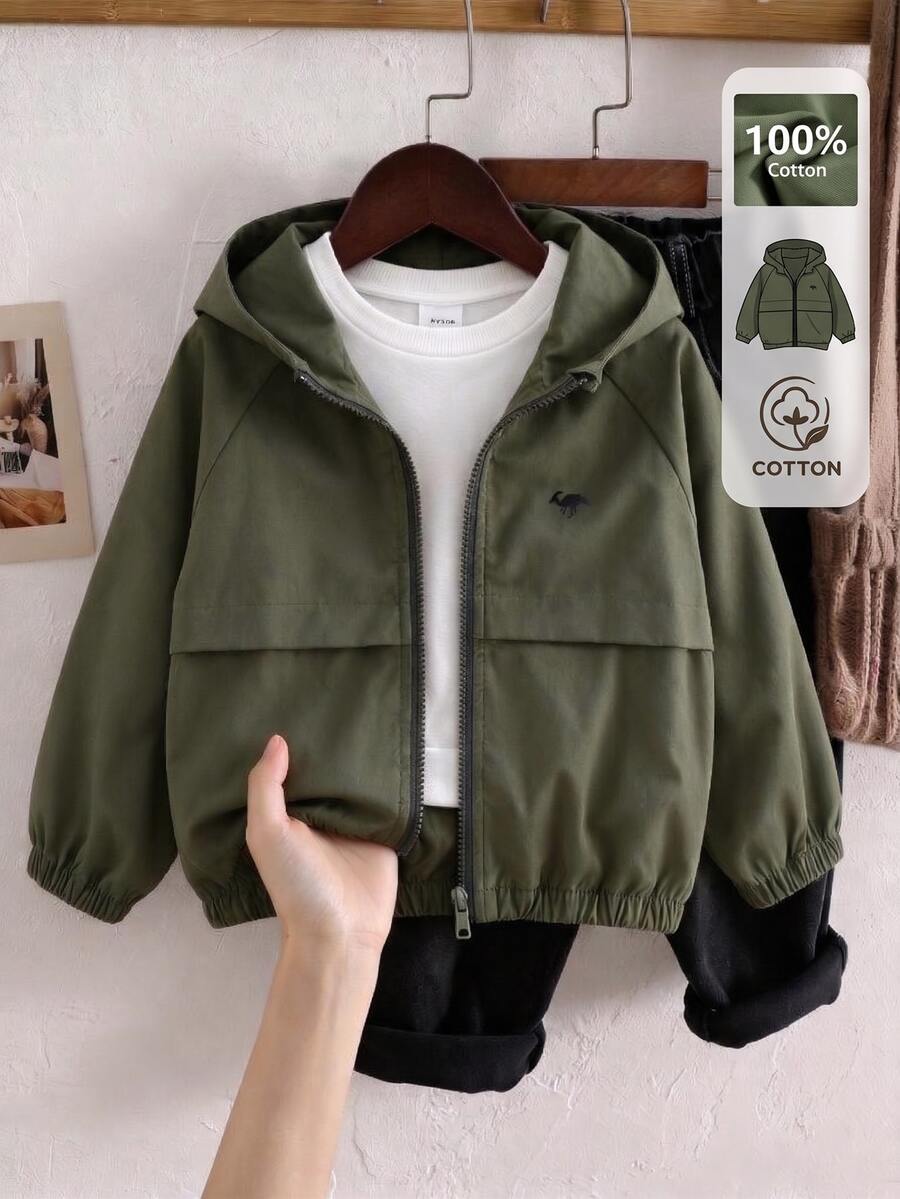 SHEIN 1件男孩休閒極簡街頭風連帽長袖夾克，創新恐龍印花小Logo，時尚設計適用日常、運動、戶外
