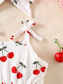 SHEIN 2pcs Newborn Baby Girl Spaghetti Strap Ribbed Cherry Print Romper Headband Set Cute Casual Red And White Summer Ruffle Dress Toddler Vacation Outfit - White - View 7