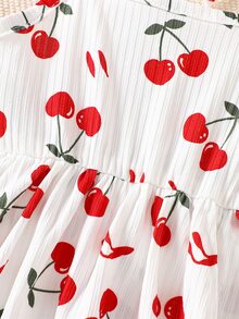 SHEIN 2pcs Newborn Baby Girl Spaghetti Strap Ribbed Cherry Print Romper Headband Set Cute Casual Red And White Summer Ruffle Dress Toddler Vacation Outfit - White - View 9