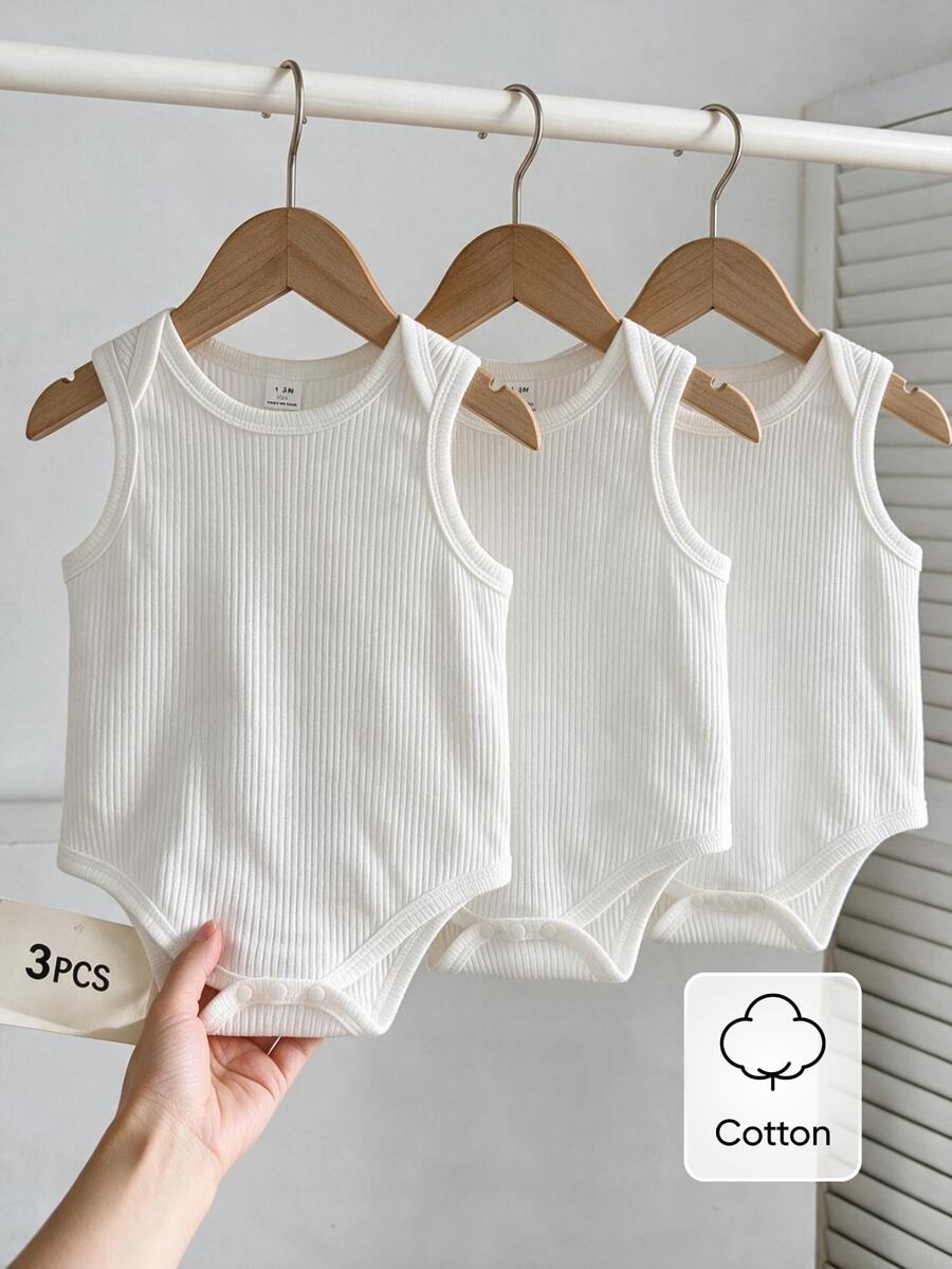 SHEIN Infant Rib-Knit Sleeveless Bodysuits 3Pcs White Summer Clothes Undershirt Set For Outfits Holiday Party Basic Modest