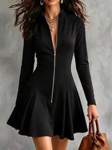 SHEIN Women's New Fashion Stand Collar Zipper Long Sleeve Slim Fit Ruched Cinched Waist Dress For Office And Holiday Wear - Black - View 4
