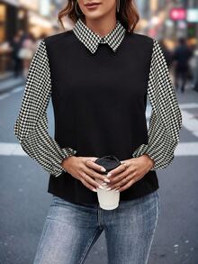 SHEIN 女士优雅千鸟格纹理领长袖休闲办公衬衫 - 彩色 - 查看 6