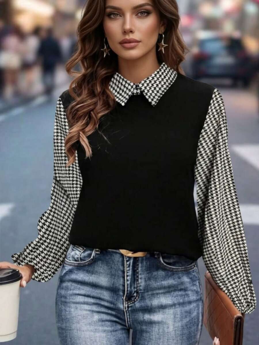 SHEIN 女士优雅千鸟格纹理领长袖休闲办公衬衫 - 彩色 - 查看 1