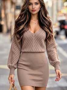 SHEIN Women's Solid Color Mini Knit Dress Office Fall Elegant,Women's Halloween Costume - Khaki - View 2
