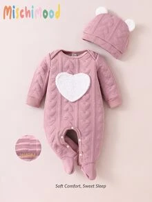 Baby Girls' Padded Pastel Pink Heart Graphic Long Sleeve Footed Jumpsuit With Hat Set, Fall Autumn/Winter Fleece Lined Crew Neck Solid 2pcs Soft - Dusty Pink - View 5