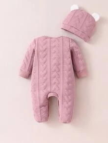 Baby Girls' Padded Pastel Pink Heart Graphic Long Sleeve Footed Jumpsuit With Hat Set, Fall Autumn/Winter Fleece Lined Crew Neck Solid 2pcs Soft - Dusty Pink - View 3
