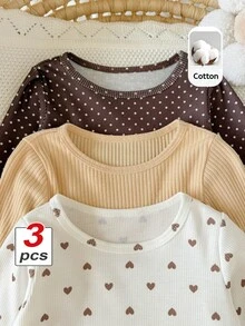 SHEIN 3pcs Toddler Baby Girl Ribbed Knit Tops Cute Sweet Cream Tan Brown Heart Polka Dot Print Long Sleeve Round Neck Regular Party Fall Christmas Pull - Multicolor - View 8
