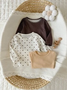 SHEIN 3pcs Toddler Baby Girl Ribbed Knit Tops Cute Sweet Cream Tan Brown Heart Polka Dot Print Long Sleeve Round Neck Regular Party Fall Christmas Pull - Multicolor - View 6