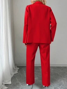 Elenzga Plus Size Women Solid Color Lapel NeckLong Sleeve Single-Breasted Blazer And Pants Casual Suit, Autumn - Red - View 2