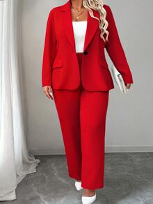 Elenzga Plus Size Women Solid Color Lapel NeckLong Sleeve Single-Breasted Blazer And Pants Casual Suit, Autumn - Red - View 1