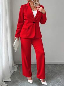 Elenzga Plus Size Women Solid Color Lapel NeckLong Sleeve Single-Breasted Blazer And Pants Casual Suit, Autumn - Red - View 3