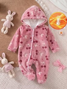 Newborn Baby Home Jumpsuit Sweet Cherry Bow Plush Hooded Front Button Footed Crawler Suit For Girls Autumn Winter Indoor Outdoor Wear - Multicolor - View 6
