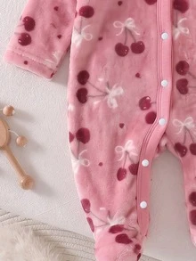 Newborn Baby Home Jumpsuit Sweet Cherry Bow Plush Hooded Front Button Footed Crawler Suit For Girls Autumn Winter Indoor Outdoor Wear - Multicolor - View 4