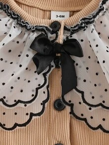 SHEIN 2pcs Toddler Girl Cardigan Pants Set Beige Black Polka Dot Knit Ribbed Mesh Ruffle Bow Long Sleeve Round Neck Button Front Party Fall Winter Holiday - Khaki - View 7