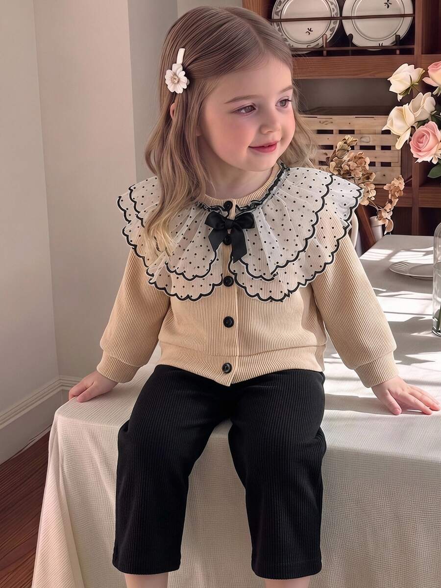 SHEIN 2pcs Toddler Girl Cardigan Pants Set Beige Black Polka Dot Knit Ribbed Mesh Ruffle Bow Long Sleeve Round Neck Button Front Party Fall Winter Holiday