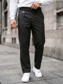 Manfinity CasualCool Men's Mature Casual Solid Black Straight Leg Pants, Perfect Holiday Gift Choice - Black - View 3
