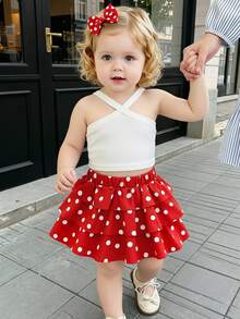 SHEIN 2026夏季新款女童紅白波點蛋糕裙套裝，交叉肩帶設計，甜美清爽風，可愛端莊2件套，度假公主風 - 紅白色 - 查看 2