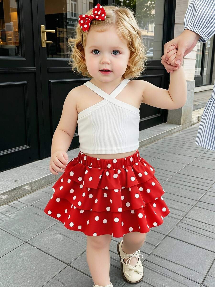 SHEIN 2026夏季新款女童紅白波點蛋糕裙套裝，交叉肩帶設計，甜美清爽風，可愛端莊2件套，度假公主風