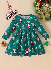 SHEIN Baby Girl Christmas Santa, Reindeer & Tree Print Dress, Round Neck Long Sleeve Elastic Waist Flared Skirt Holiday Party Dress - Multicolor - View 3