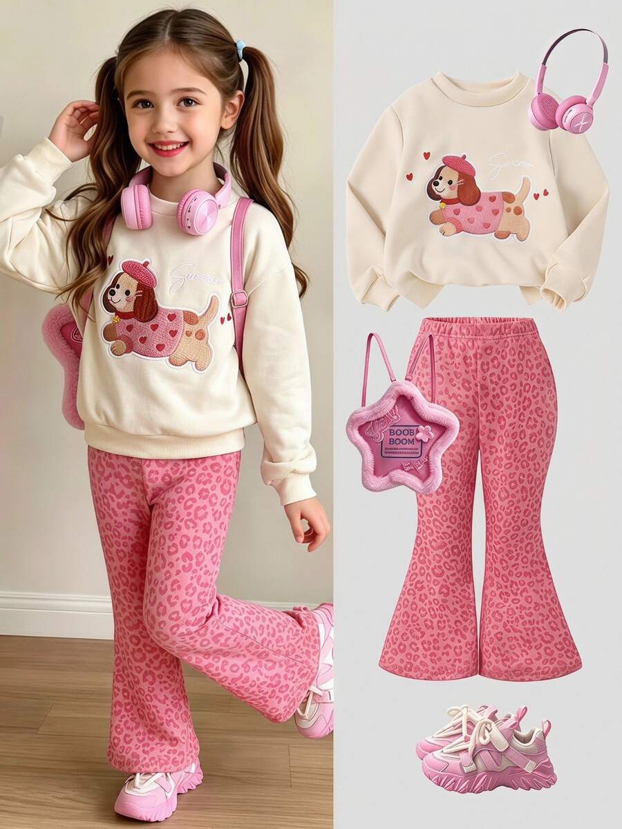 SHEIN 2pcs Toddler Girls Sweet Cool Animal Patch Graphic Crew Neck Drop Shoulder Long Sleeve Sweatshirt & Pink Leopard Print Flare Pants Fall Set - Pink - View 1