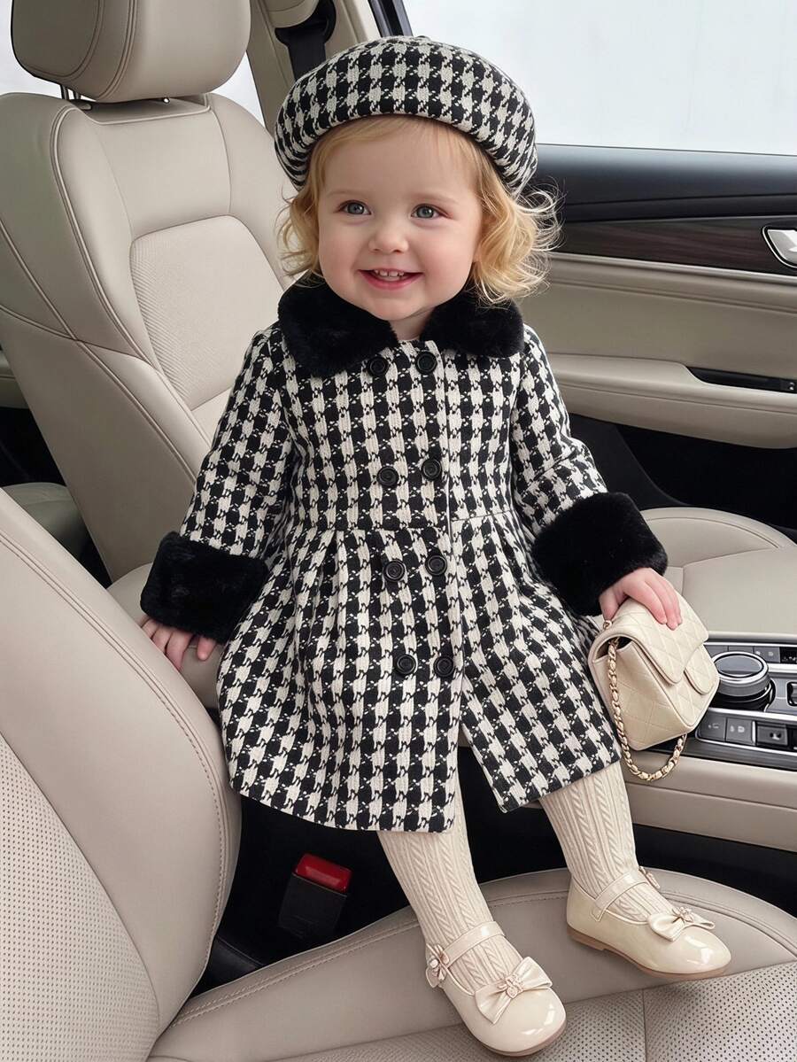 SHEIN 2件組幼女優雅黑白千鳥格毛呢大衣，人造毛飾邊百褶長袖毛領加厚冬季聖誕節外套