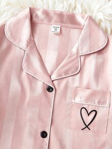 SHEIN 3 件套女孩休闲西瓜印花条纹短袖开衫、短裤和长裤、配套家居服 - 西瓜粉 - 查看 5