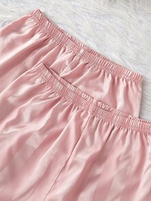 SHEIN 3 件套女孩休闲西瓜印花条纹短袖开衫、短裤和长裤、配套家居服 - 西瓜粉 - 查看 6