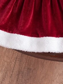 SHEIN 1pc Toddler Girl Plush Dress Sweet Elegant Wine Red White Ruffle Fuzzy Hem Long Sleeve Round Neck Regular Christmas Party Winter Christmas Pull Plush - Red - View 6