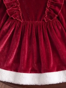SHEIN 1pc Toddler Girl Plush Dress Sweet Elegant Wine Red White Ruffle Fuzzy Hem Long Sleeve Round Neck Regular Christmas Party Winter Christmas Pull Plush - Red - View 3
