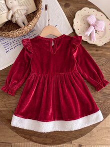 SHEIN 1pc Toddler Girl Plush Dress Sweet Elegant Wine Red White Ruffle Fuzzy Hem Long Sleeve Round Neck Regular Christmas Party Winter Christmas Pull Plush - Red - View 8