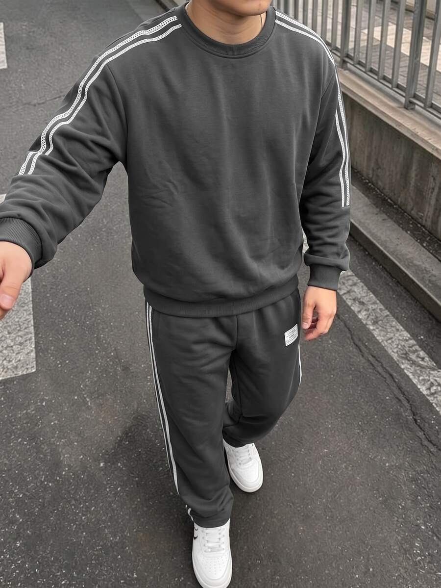 2件組 男士青少年秋冬抓絨內裡加厚街頭風花卉滿版印花連帽衛衣套頭衫與直筒運動長褲套裝,適合街頭穿搭,中性款 - 彩色 - 查看 1