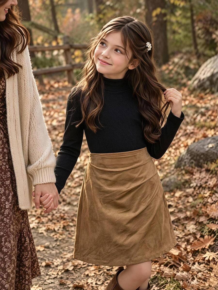SHEIN Tween Girls Tween Girl Simple Autumn/Winter Daily Black Turtleneck Top And Skirt Set - Multicolor - View 1