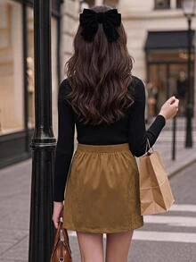 SHEIN Tween女孩簡約秋冬日常黑色高領上衣與裙子套裝 - 彩色 - 查看 2