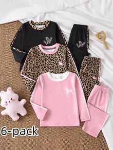 SHEIN 6件組幼兒女嬰可愛蝴蝶結豹紋長袖圓領正裝版型舒適秋季公主風女童休閒冬日假期套裝 - 彩色 - 查看 1