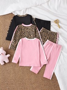 SHEIN 6件組幼兒女嬰可愛蝴蝶結豹紋長袖圓領正裝版型舒適秋季公主風女童休閒冬日假期套裝 - 彩色 - 查看 2