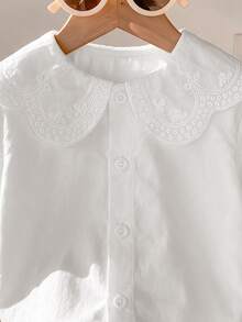 SHEIN Girls' Fashionable And Cute Striped Long Sleeve Top, Embroidered Collar, Soft Fabric, Mom's Choice, Suitable For Outdoor Vacation Or Outing Activities - White - View 5