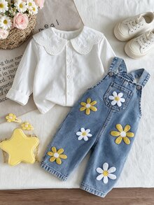 SHEIN Girls' Fashionable And Cute Striped Long Sleeve Top, Embroidered Collar, Soft Fabric, Mom's Choice, Suitable For Outdoor Vacation Or Outing Activities - White - View 3