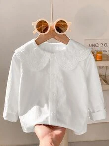 SHEIN Girls' Fashionable And Cute Striped Long Sleeve Top, Embroidered Collar, Soft Fabric, Mom's Choice, Suitable For Outdoor Vacation Or Outing Activities - White - View 1