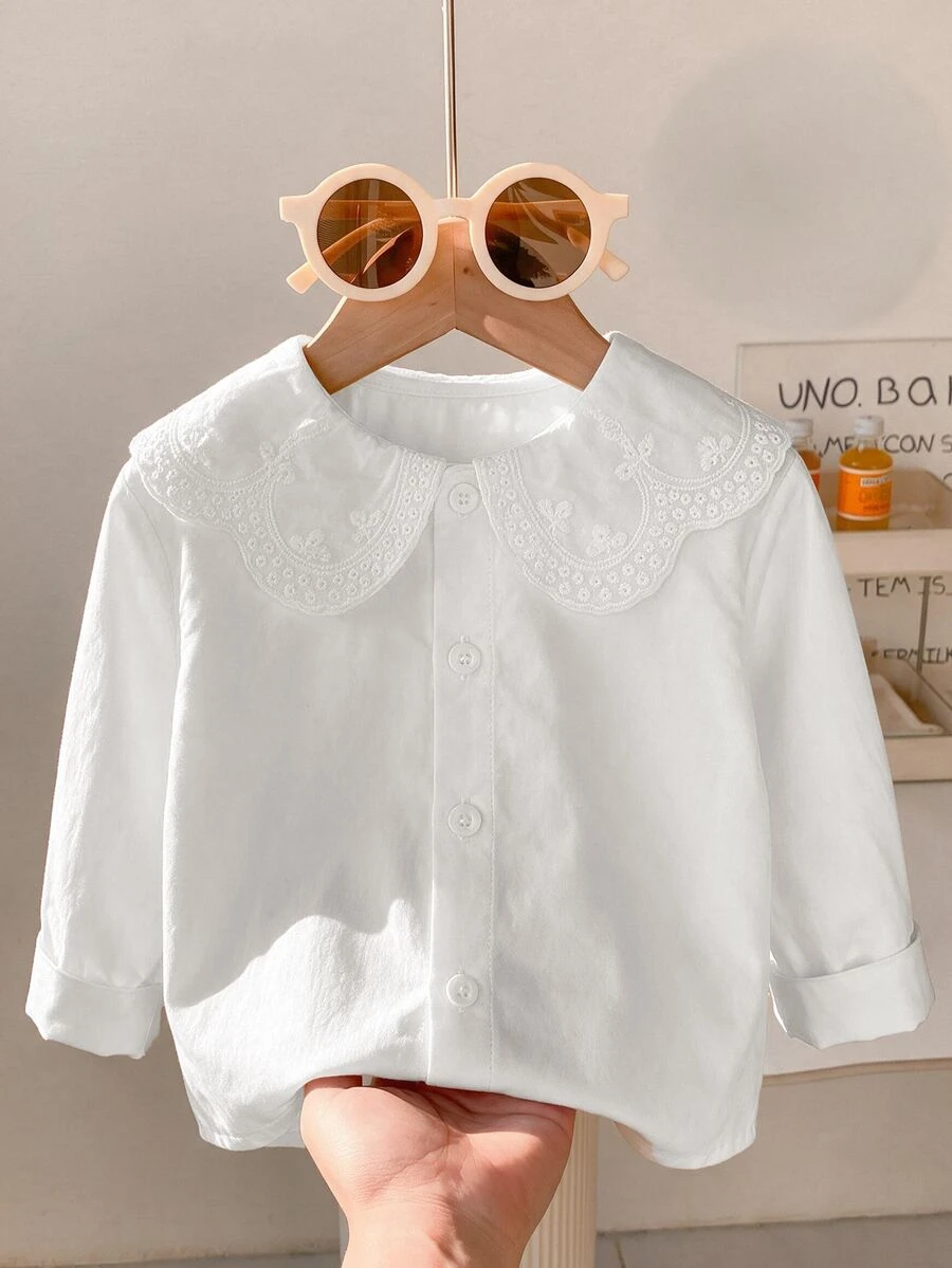 SHEIN Girls' Fashionable And Cute Striped Long Sleeve Top, Embroidered Collar, Soft Fabric, Mom's Choice, Suitable For Outdoor Vacation Or Outing Activities - White - View 1