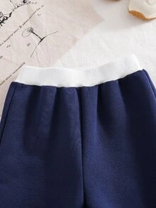 SHEIN 2pcs Toddler Boy Polo Sweatshirt Jogger Pants Cute Navy Blue White Bear Graphic Ribbed Long Sleeve Collared Birthday Party Spring Outdoor Elastic - Blue - View 6