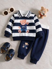 SHEIN 2pcs Toddler Boy Polo Sweatshirt Jogger Pants Cute Navy Blue White Bear Graphic Ribbed Long Sleeve Collared Birthday Party Spring Outdoor Elastic - Blue - View 11